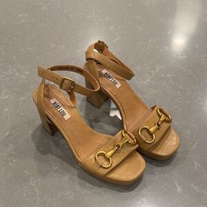 Bibi Lou Tan Block Heel Sandals with Gold Bit Detail